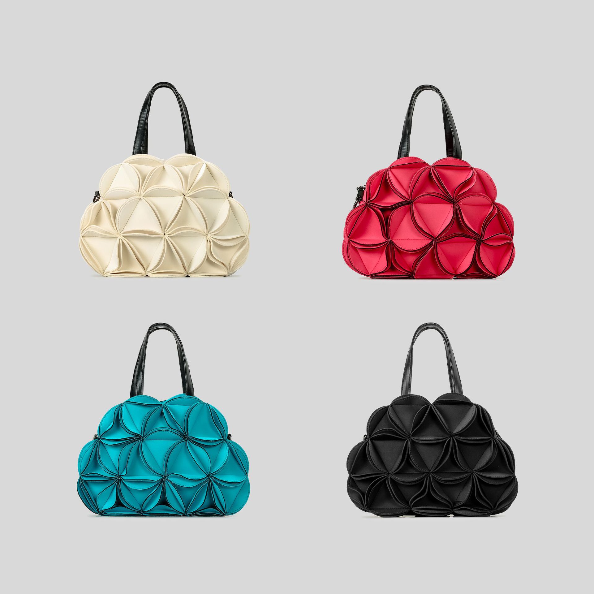 Adult Trendy Pleated Flower Handbag Ins Design PU Splicing Square Shoulder Bag Women's Fashion 3D Flower Casual Tote Bag