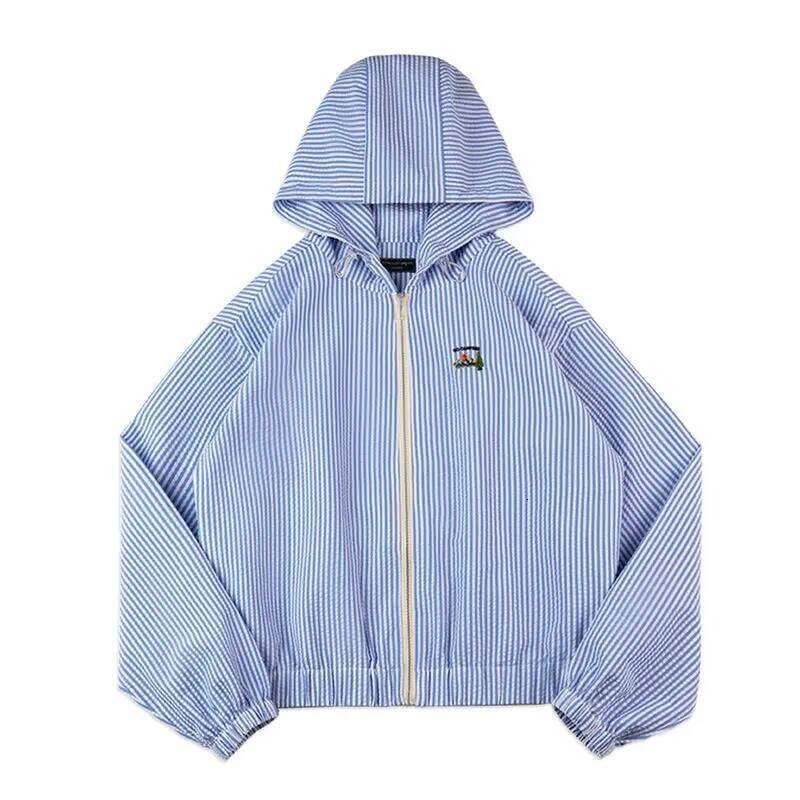Maden Casual Blue White Striped Hooded Shirt Women's Spring Seersucker Vacation Style Blouse Lightweight Layering Beach Shirts