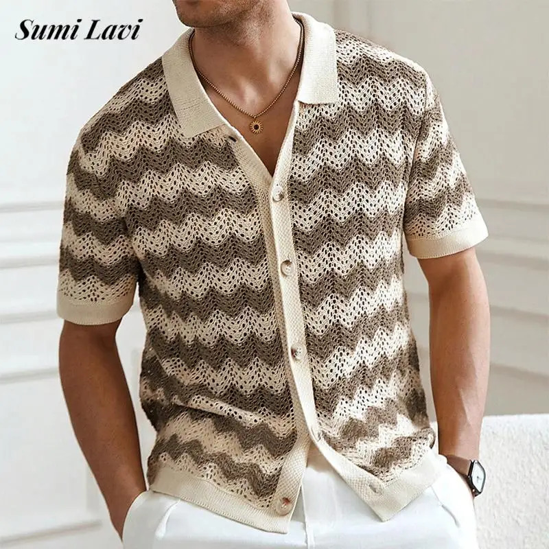 Casual Hollow Out Knitted Shirts Mens Beach Vintage Striped Crochet Knit Cardigans Men Summer Trendy Lapel Button-up Shirt 250526