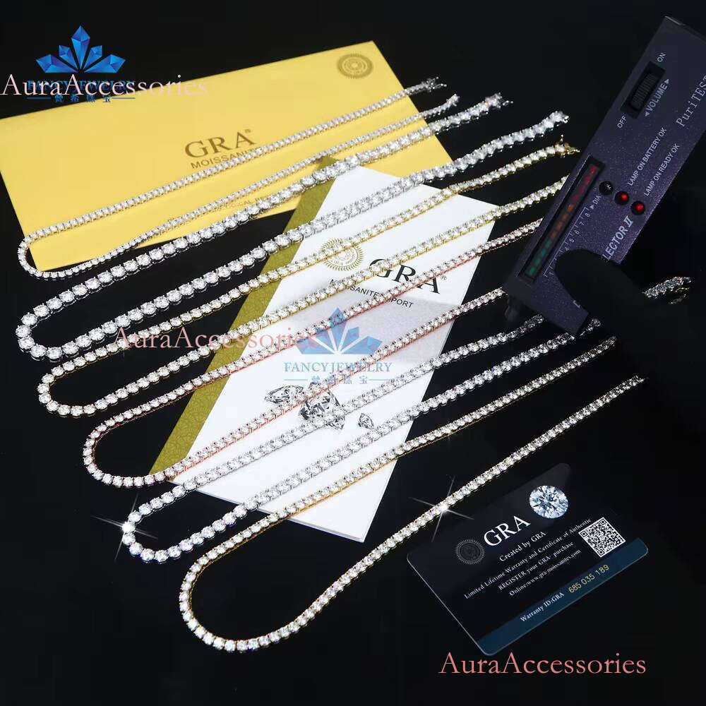 Ready to Ship Sterling Sier Hip Hop Tennis Chain VVS Moissanite Dia Necklace in 2mm 3mm 4mm 5mm 6.5mm Sizes