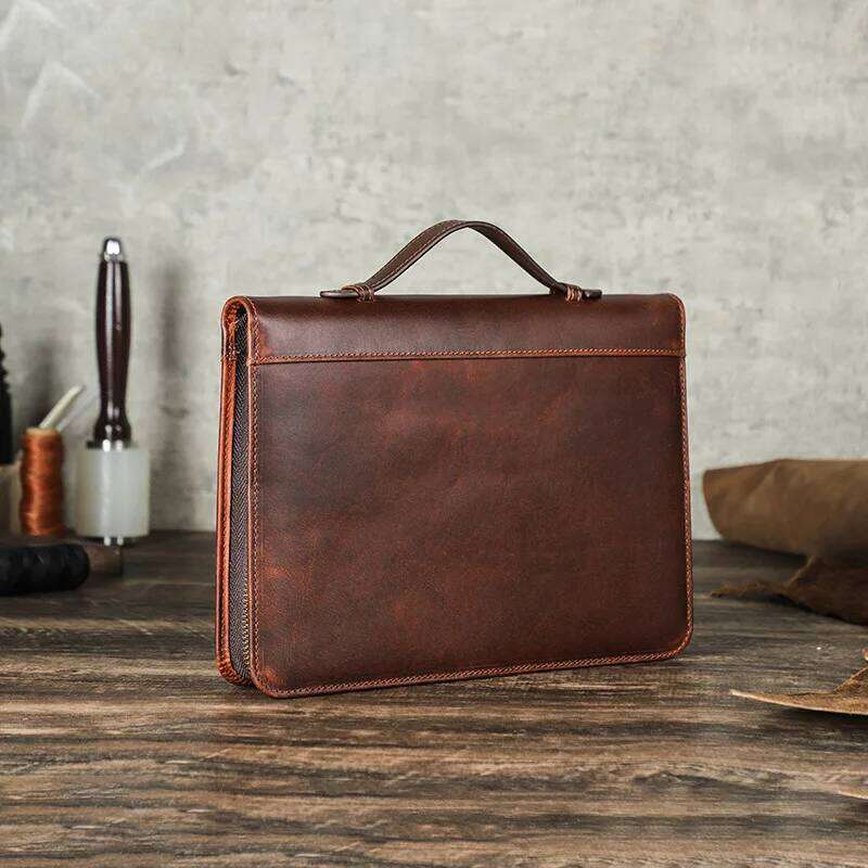 Handmade Genuine Leather A5 Laptop Notebook Cover Wrist Zipper with Pen Slot Business Stationery School Office Supplies