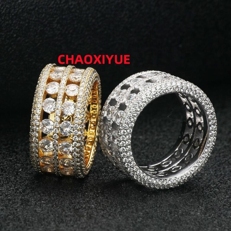 Hip Hop 18K Gold Plated Iced Out Mens Ring Moissanite Set in S925 Silver with Diamond for Wedding Engagement Gift