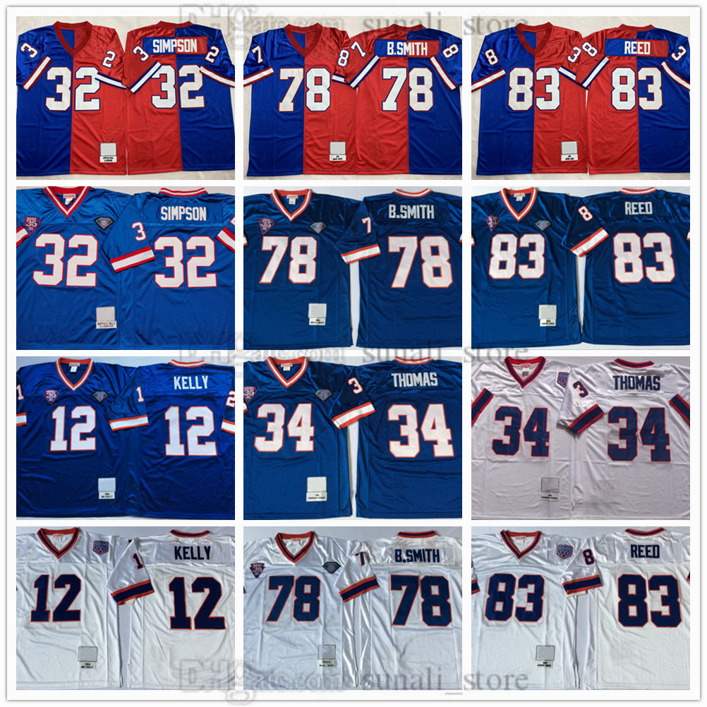 Men's Retro Football Jerseys 12 Jim Kelly 34 Thurman Thomas 78 Bruce Smith 3 Andre Reed 83 Andre Reed 32 O.J. Simpson All Stitched