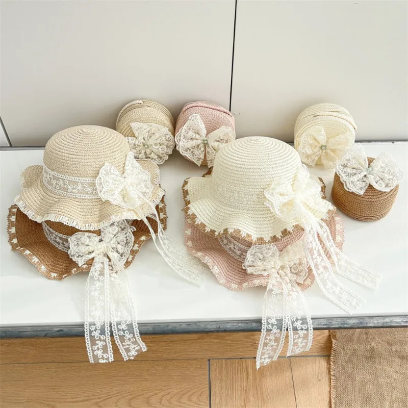 Kids Baby Girls Sun Hat And Straw Beach Bag Set with Elegant Lace Bowknot Trim Wide Brim for Vacation Beach Toddlers 2pcs 250527
