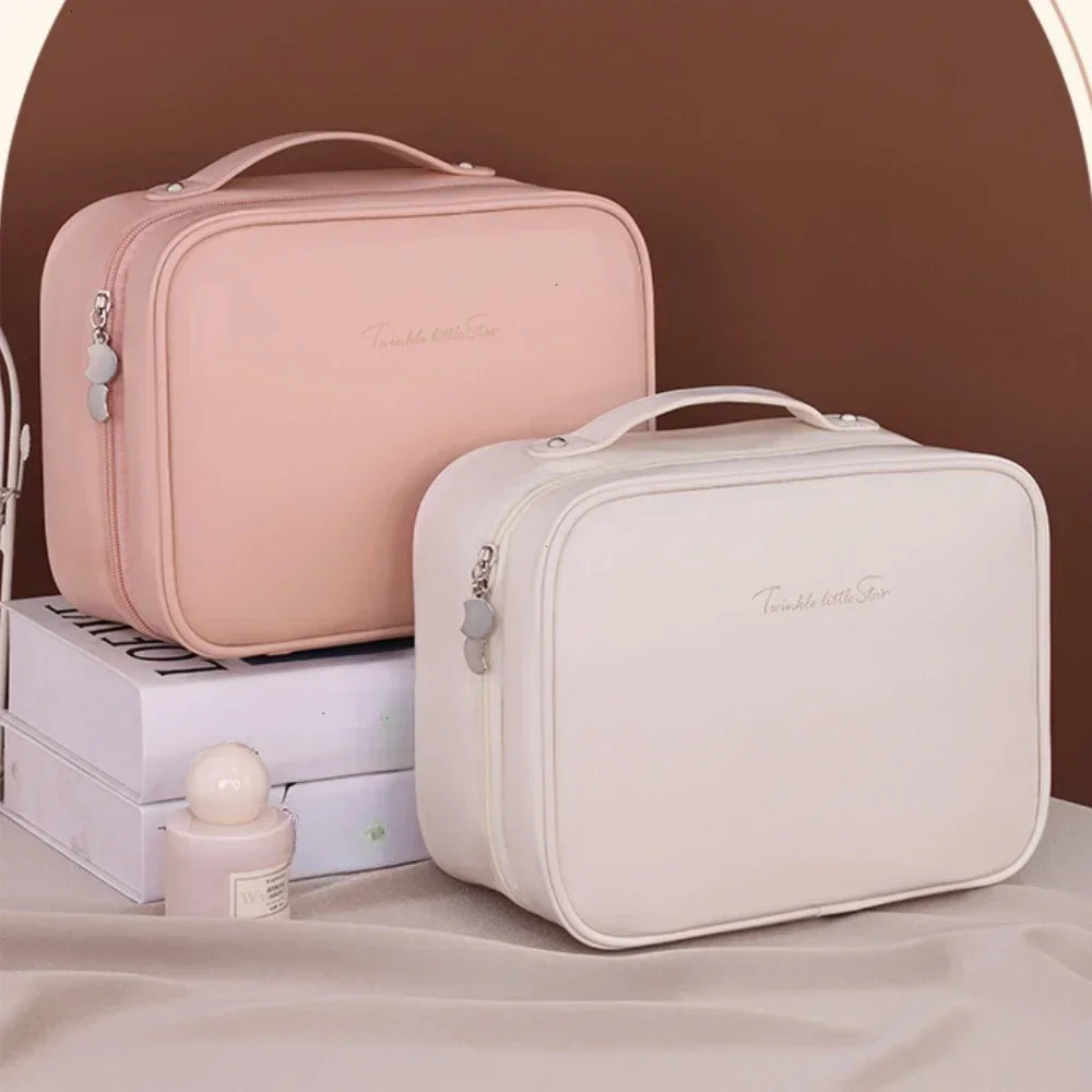 Women PU Leather Double Layer Travel Makeup Wash Clear Cosmetic Bag With Zipper Multi-Compartment Waterproof Toiletry Organizer 250527
