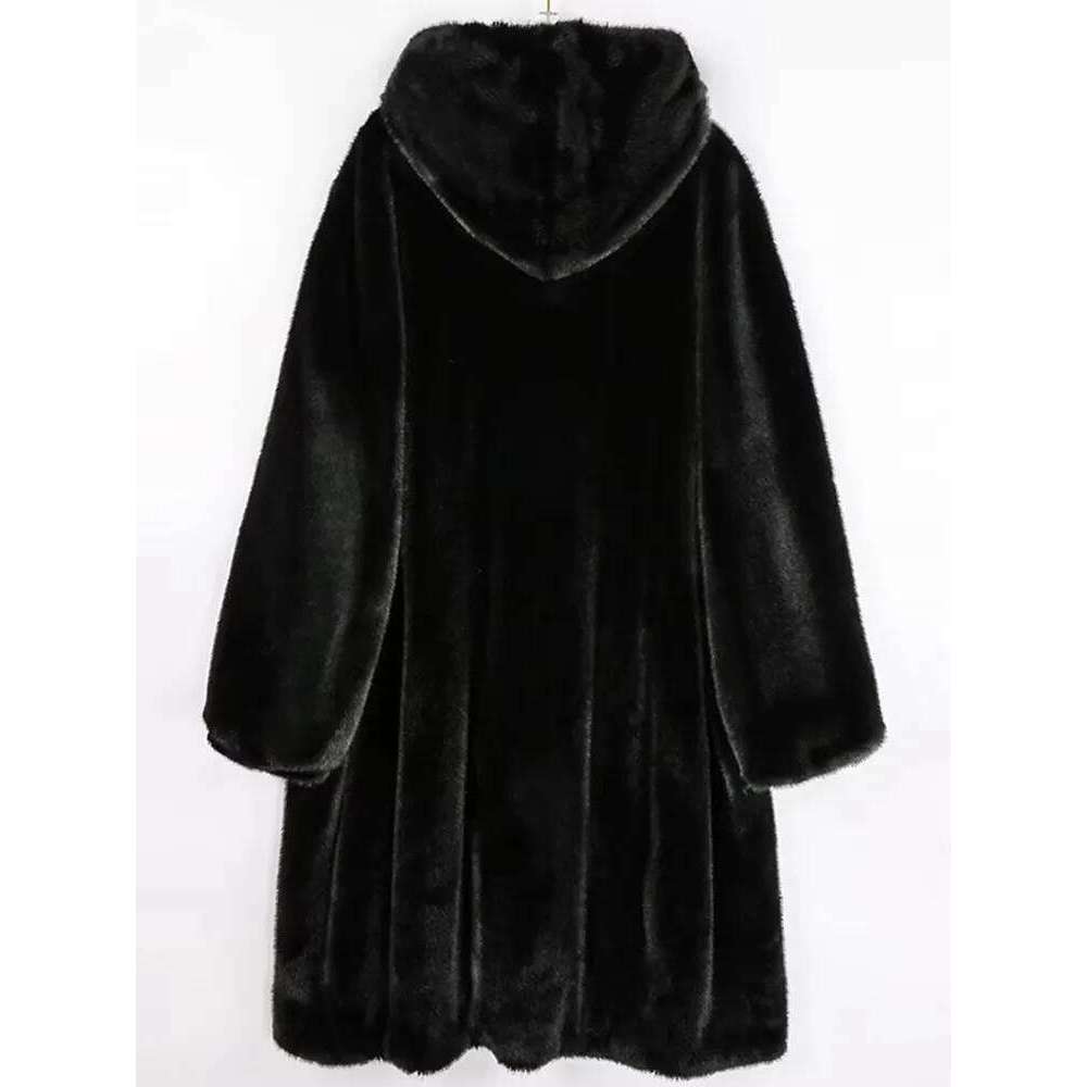 Mauroicardi Autumn Winter Long Black Thick Warm Soft Faux Mink Fur Coat Women with Hood Elegant Chic Fluffy Jacket