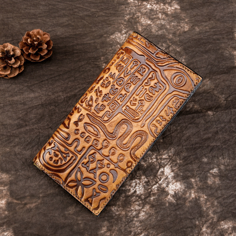 Free Shipping Leather Long Designer Wallet New Retro Oracle Bone Script Hand-held Bag Leather Top Layer European And American Fashion Card Bag Phone B