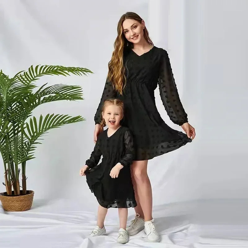 Mother and Daughter Dress Spring Summer Simple Casual Solid Long Sleeve Polka Dot Printing Mom Matching Clothes 250528