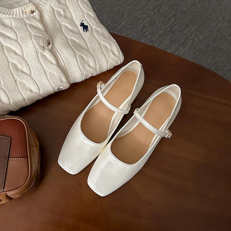 Cowhide Version French Mary Jane for Women, Autumn Square Toe Shallow Mouth Chunky Heel Single Shoes with One-Strap High Heels