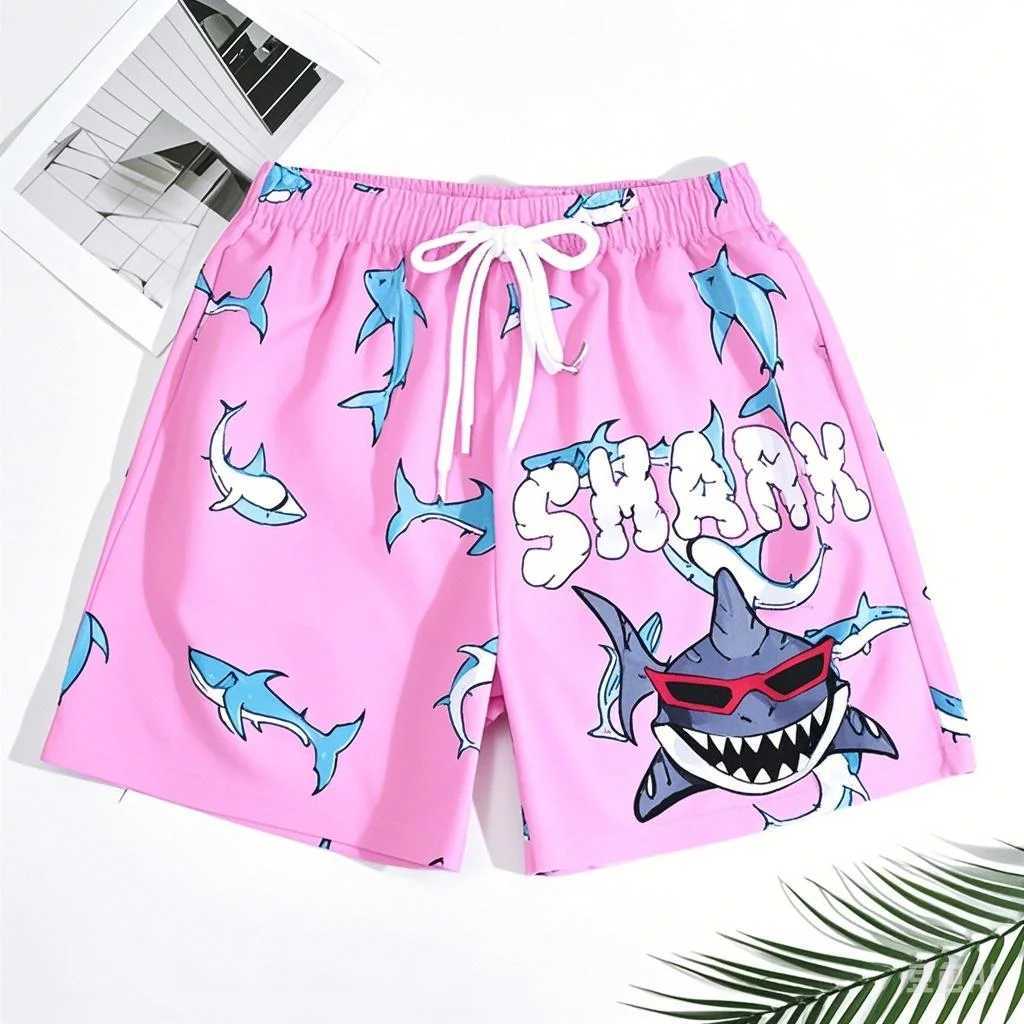 Mens Printed Drawstring Pink Quick Drying Beach Shorts X250528