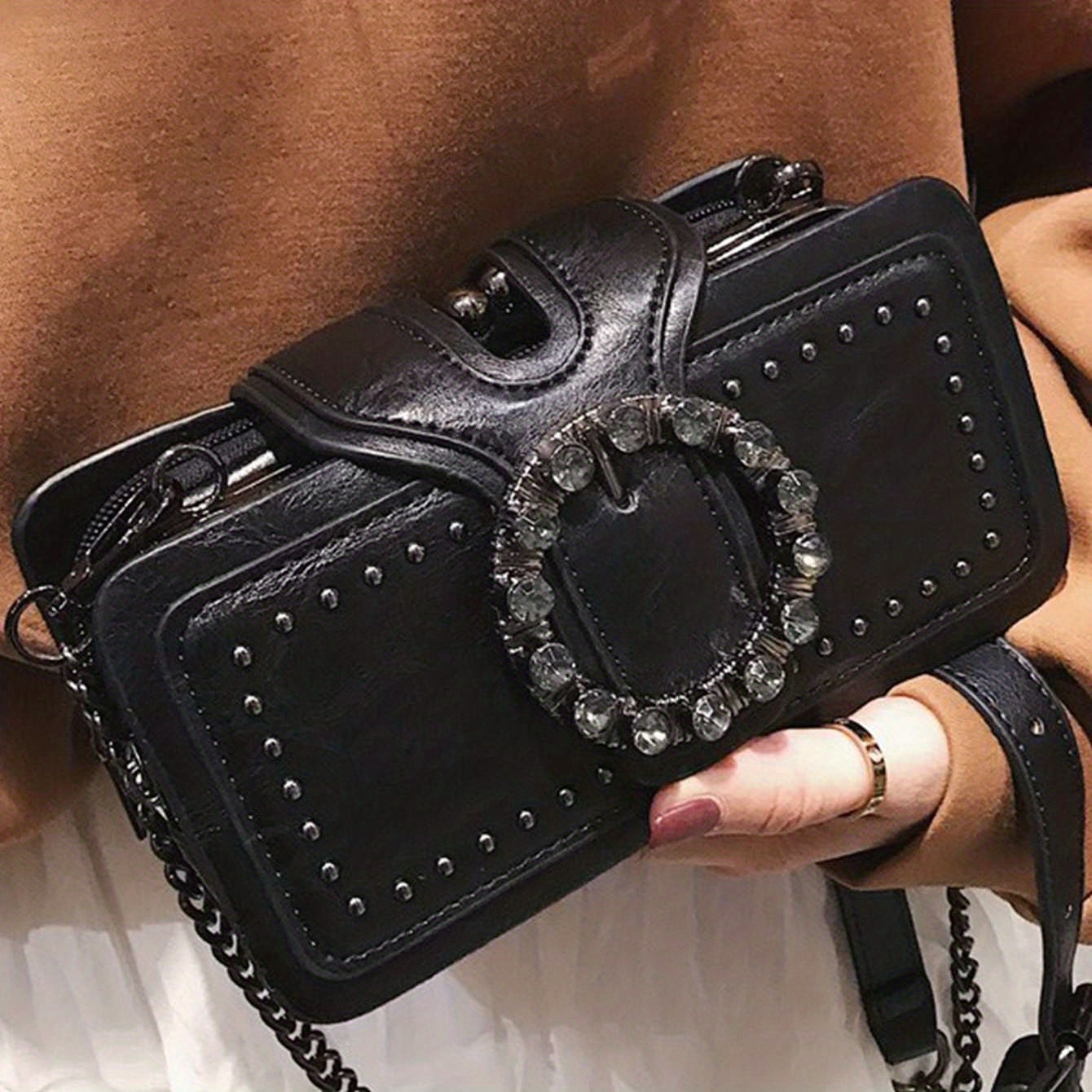 Vintage Round Rhinestone Buckle Bag - Punk Design Square Crossbody Bag, Studded Decor Handbag, Suitable for Women and Music Festivals