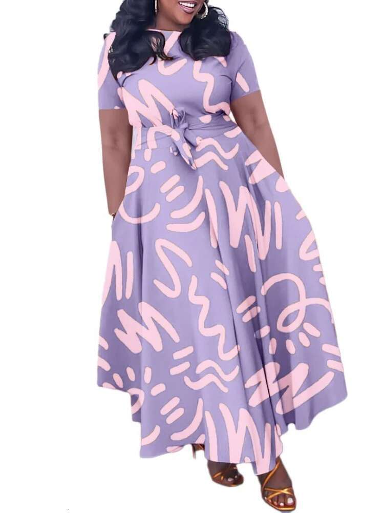 Plus Size Dresses Wholesale Printed Short Sleeve High Waist Swing Temperament Trade New Summer Maxi Dress Drop Shopping