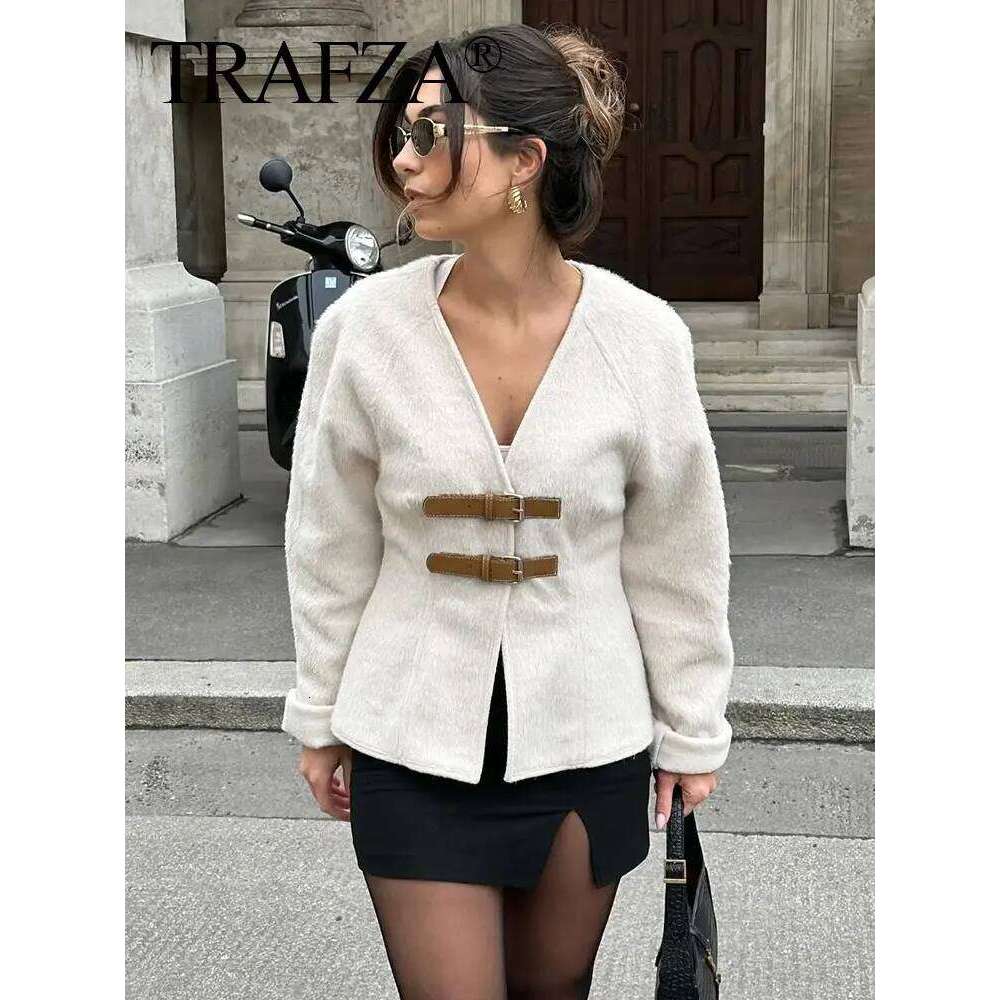 TRAFZA Retro Leather Buckle Woolen Coat Women Fashion Solid V Neck Long Sleeve Beige Jacket Autumn Spring Chic Female Streetwear