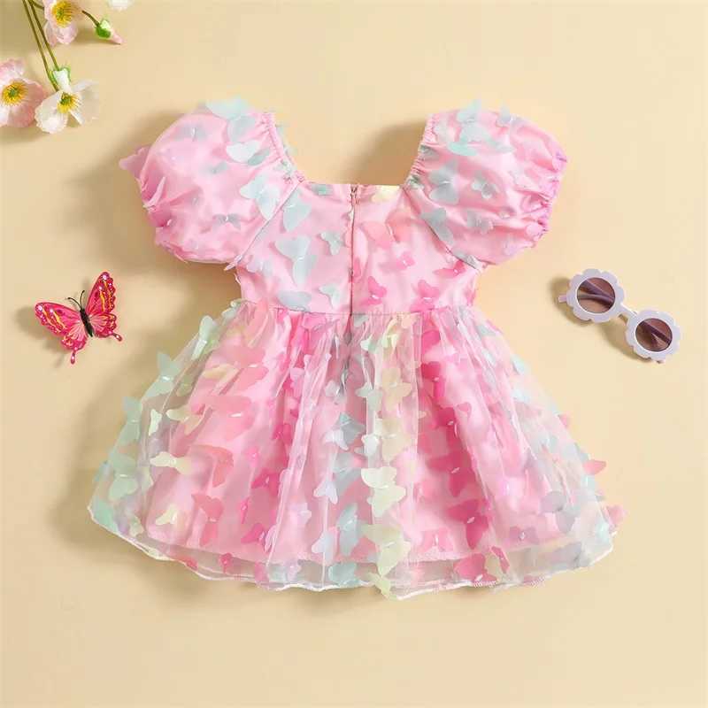 VISgogo Baby Girls Princess Dresses Short Puff Sleeve 3D Colorful Butterfly Tulle A-line Dress Kids Summer Casual Dress X250528