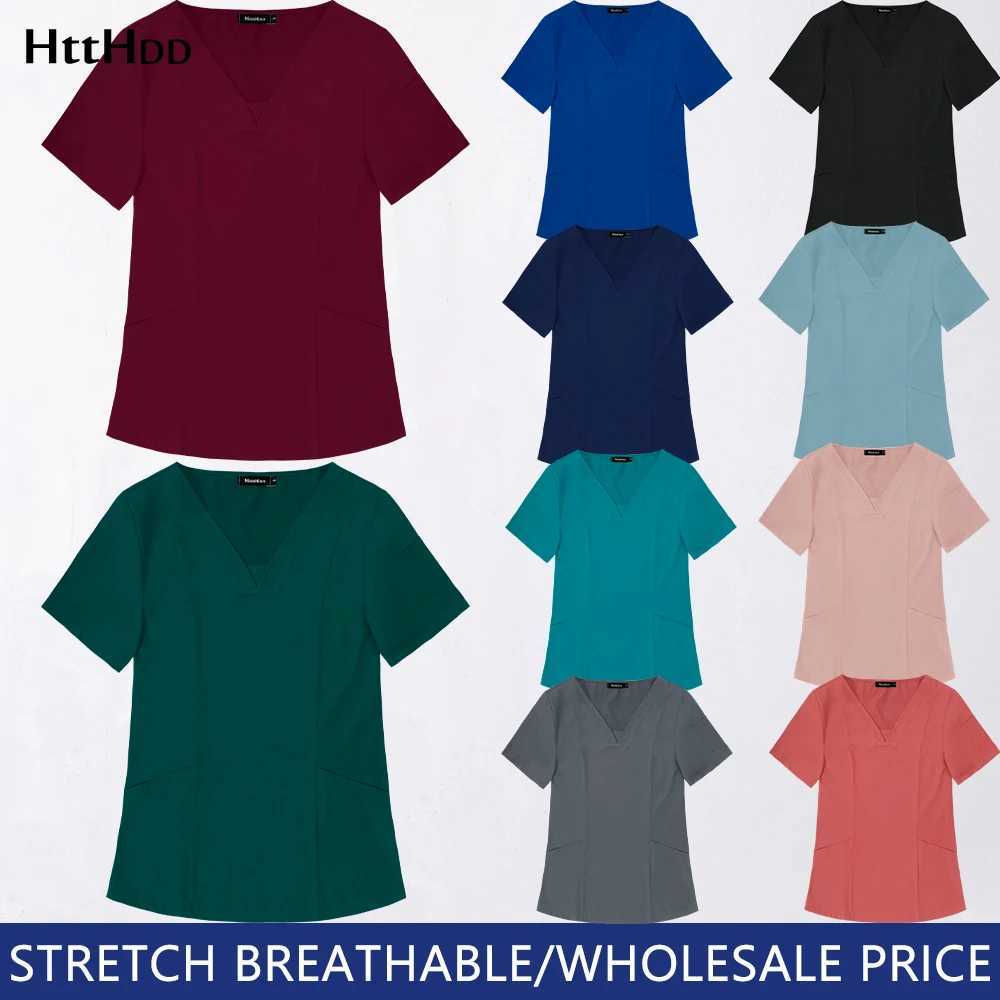 High Quty Elasticity Pet Clinic Nurse V-neck Medical Shirt Doctor Work Clothing T-shirt Solid Color Nursing Women Uniforms X250528