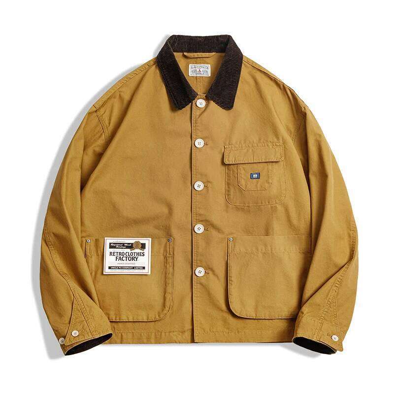 Maden Women's Corduroy Lapel Collar Spring Ginger and Beige Color Working Jacket Oversized Vintage Coat Hunting Tops