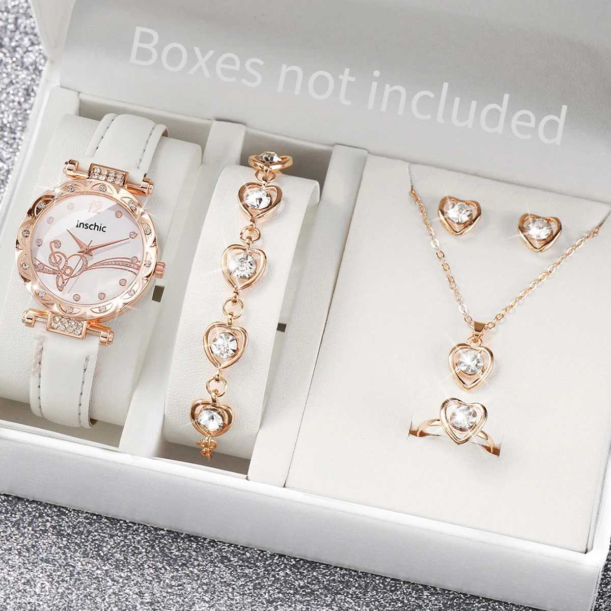 6PCS/Set Fashion Rhinestone Womens Watch Leather Band Analog Quartz Watches Rhinestone Heart Jewelry Set(Without Box) XJ250527