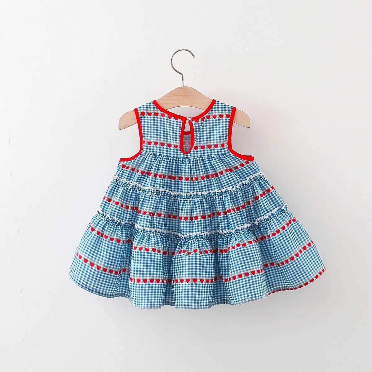 2 Pcs Baby Girls New Summer Dress with Sleeveless Round Neck Plaid Heart Cherry Cotton Skirt and Diagonal Cross Bag Included X250528