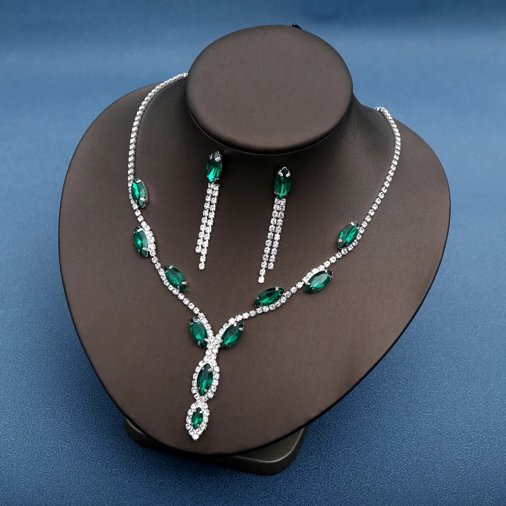 3pcs Elegant Green Crystal Jewelry Sets for Women Crystal Rhinestones Necklace Earrings Bridal Wedding Party Jewelry Sets 250526