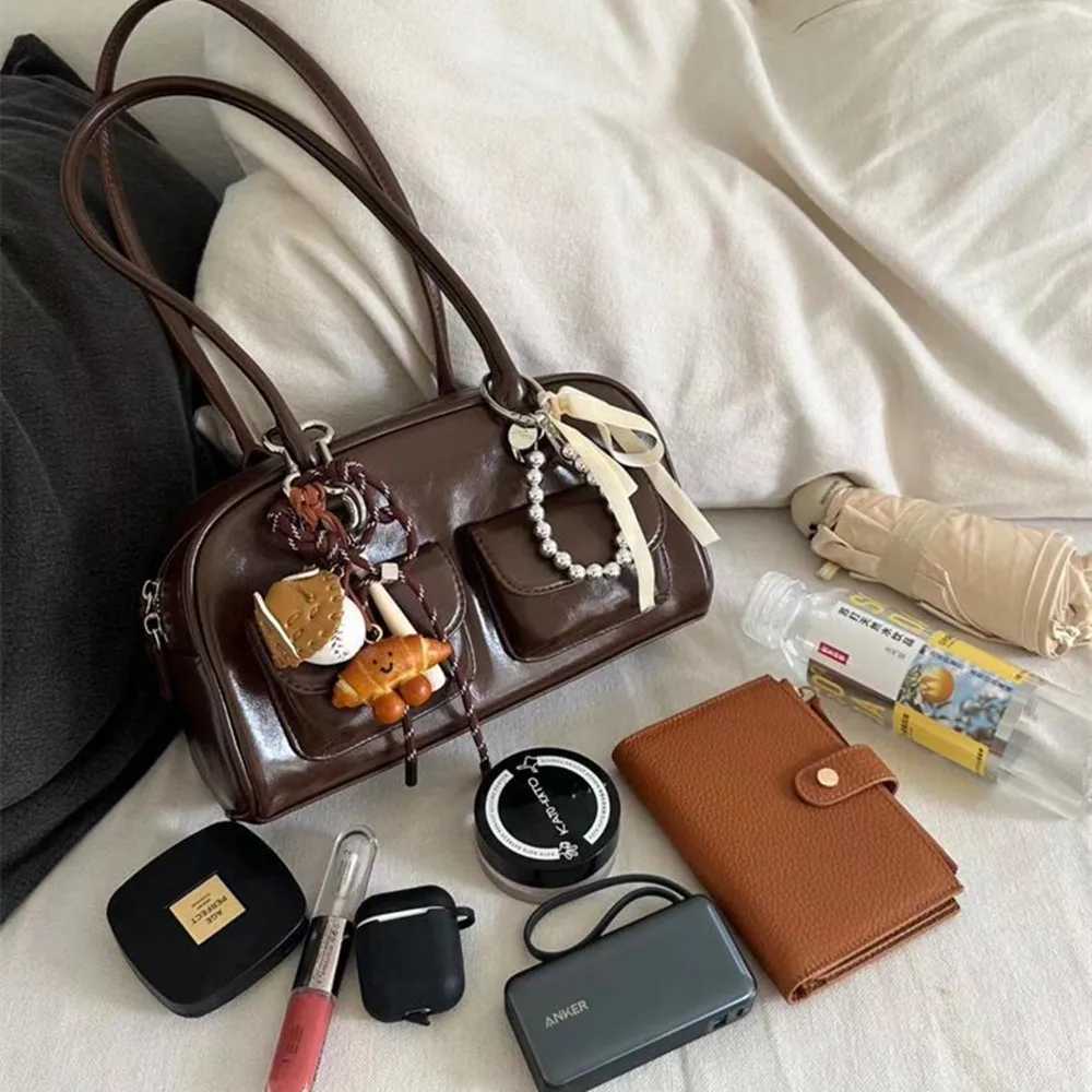 HOT Korean Xu Yunzhen Sane Style Oil Bowling Bag Commute PU Leather Underarm Bag For Women Vintage Large Handbags Purse Y250528