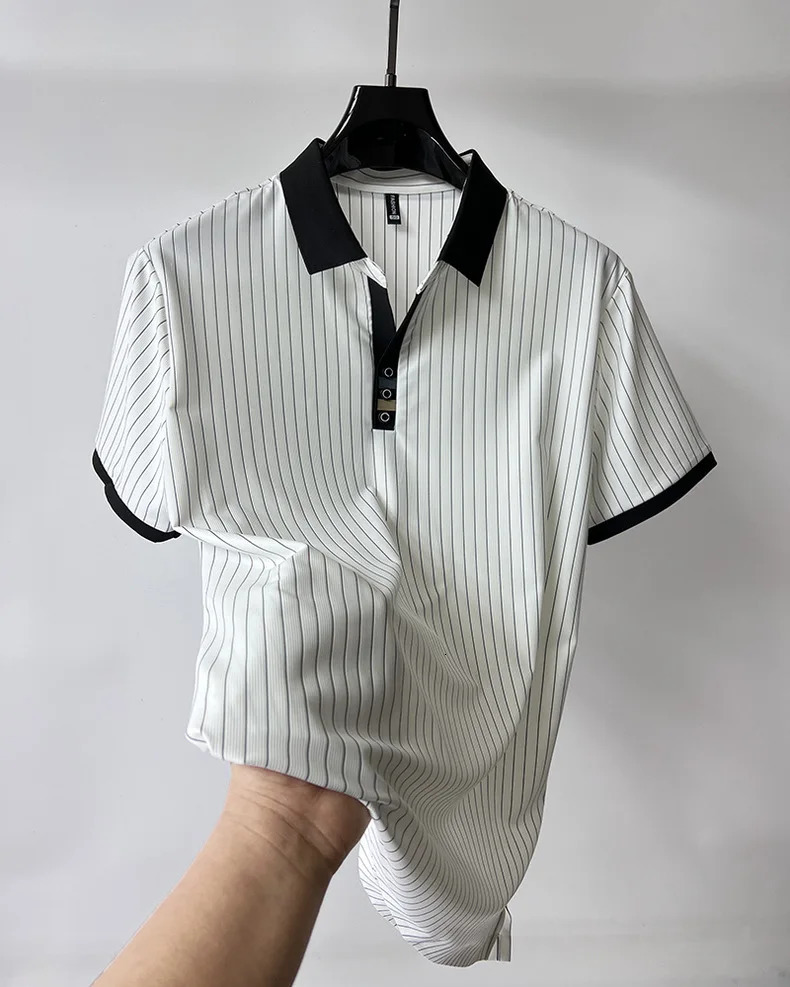 High end ice silk vertical stripe short sleeve POLO shirt men summer fashion business leisure T-shirt comfortable cool top 250526
