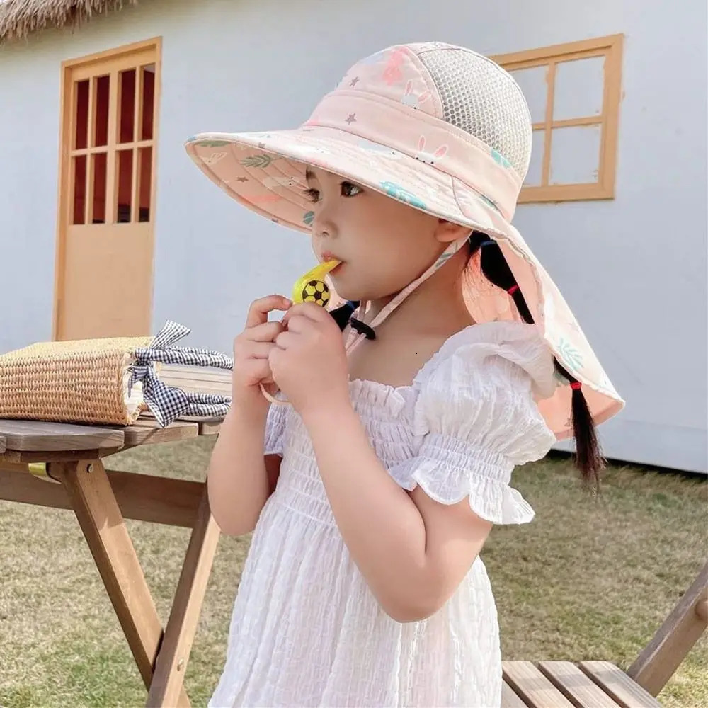 Summer Baby Sun Hat Bucket Cap With Whistle For Girls Boys Outdoor Neck Ear Cover Anti UV Kids Beach Caps 250528