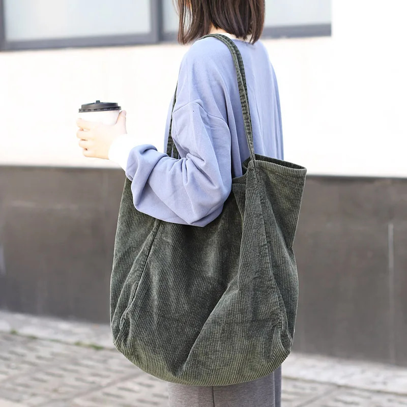 Women Vintage Corduroy Shoulder Bag Large Capacity Female Big Tote Handbag Folding Reusable Shopping Bags Fashion Cloth Purse 250526