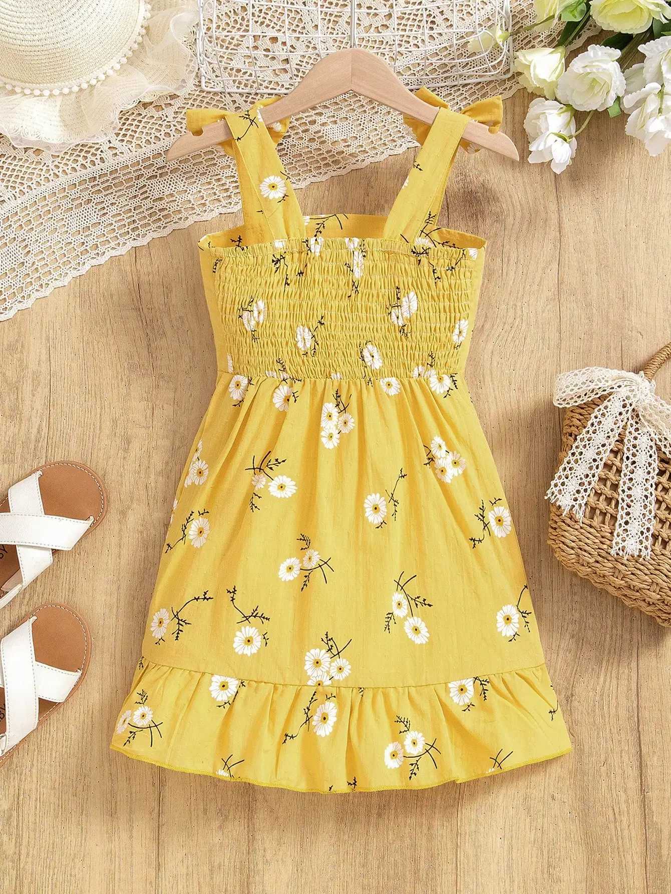 Girls Red White Gingham Strap Dress | Floral Ruffle Summer Outfit for Ages 4-7 Vacation Photo Shoots (S/S) X250528