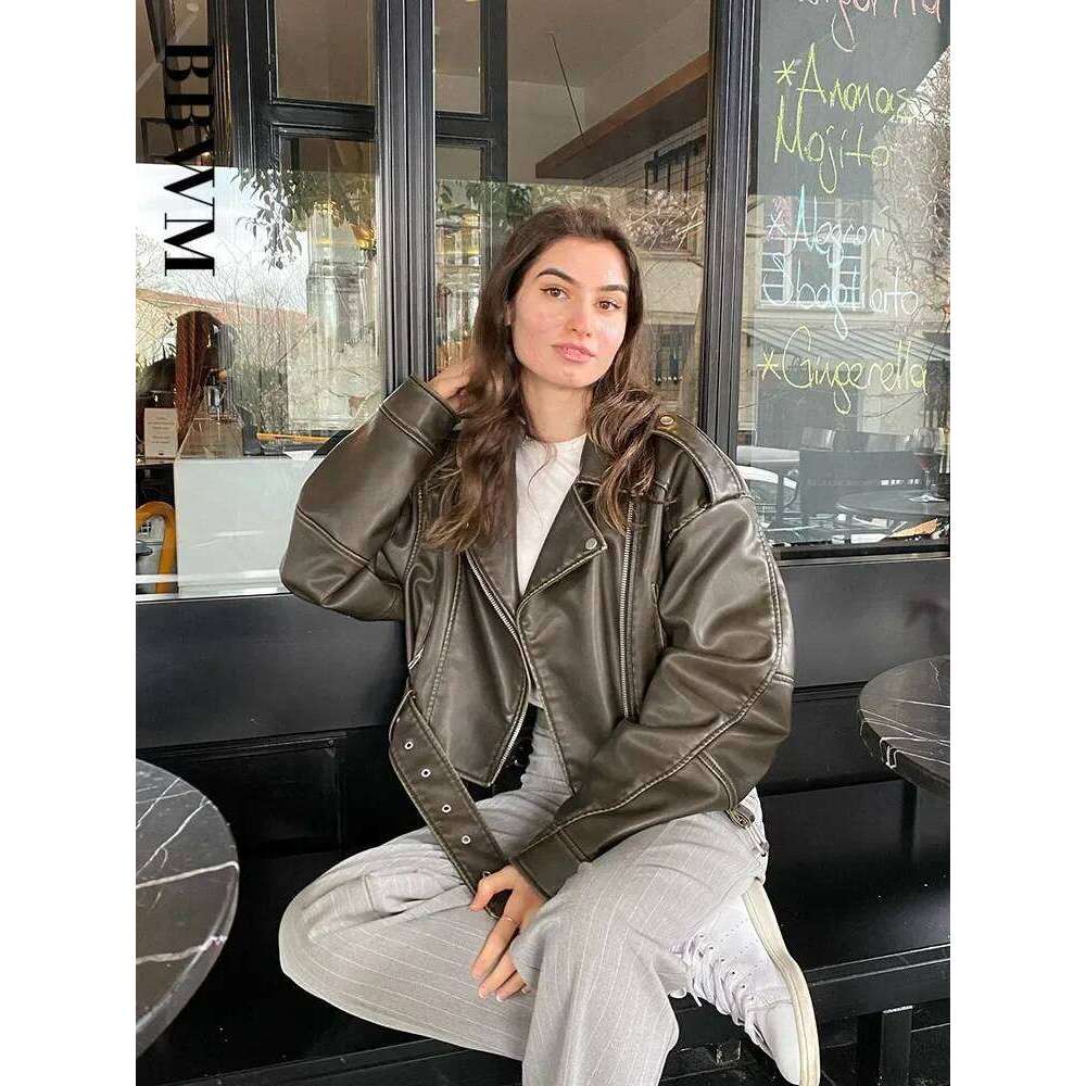 TRAF Women Oversized Vintage Loose Pu Faux Leather Short Jacket with Belt Streetwear Female Zipper Retro Moto Biker Coat Outwear