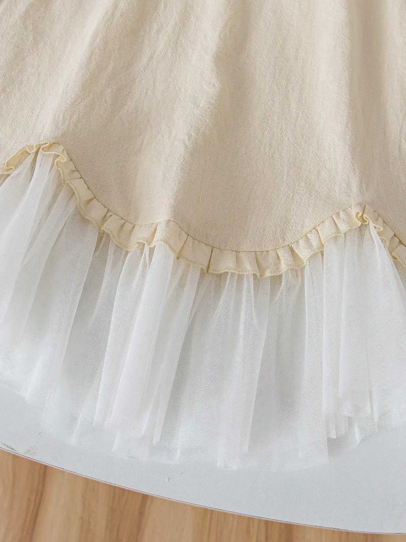 Girls Beige Mesh Dress Boho Mock Neck Ruffle Hem for Party/Photo Shoots Ages 4-7 Spring-Summer X250528