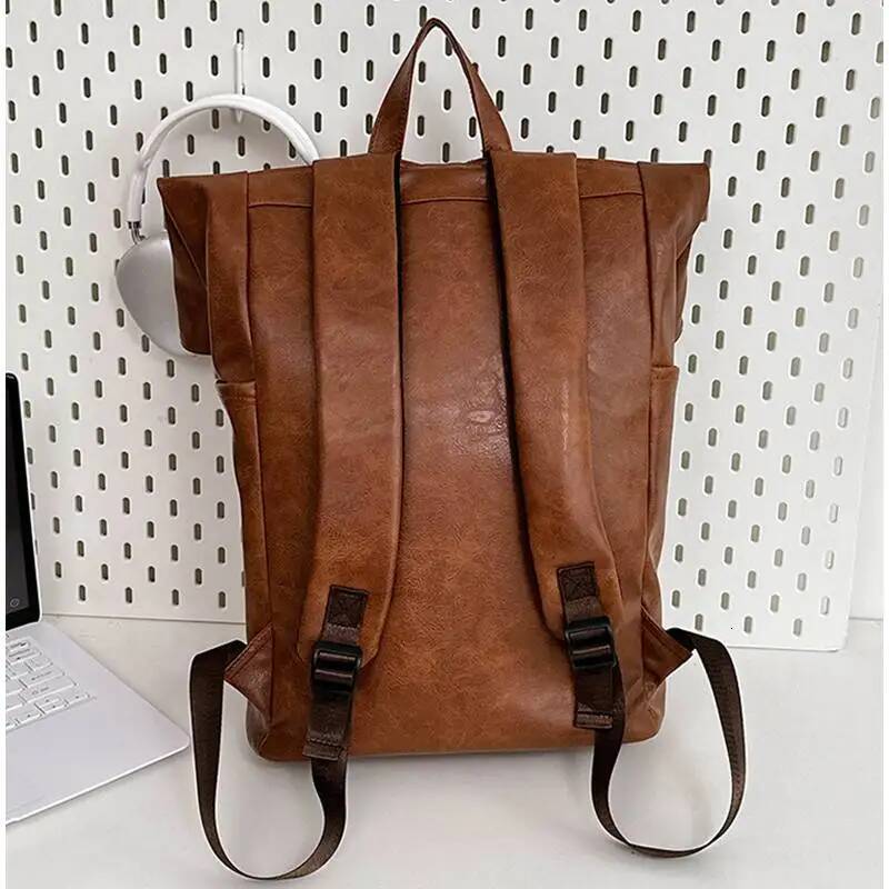 Rolled Top Laptop Backpack Anti-theft PU Travel Bag Outdoor Hiking Shopping Swimming Bags Business Rucksack Student Schoolbag
