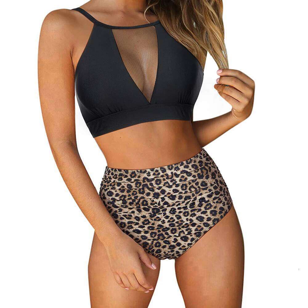 Lace-up Printed High Waisted Bikini - Elegant Two Piece Hollow Swimwear for Ladies
