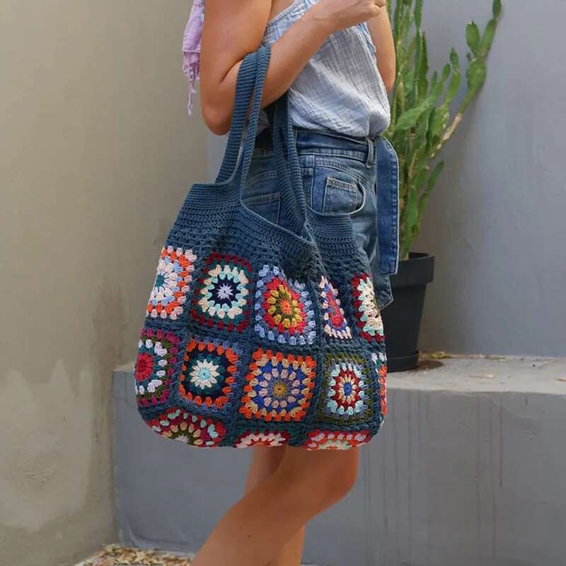 Designer Bag Colorful Boho Chic Granny Square Crochet Woven Handbags For Women Beige Blue Market Bag Vintage Style Hippie Summer Beach Purse