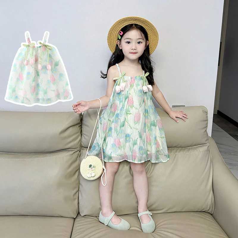 Summer Baby Girl With Two Tulips Chiffon Suspender Dress GirlS Bow Princess Dress X250528