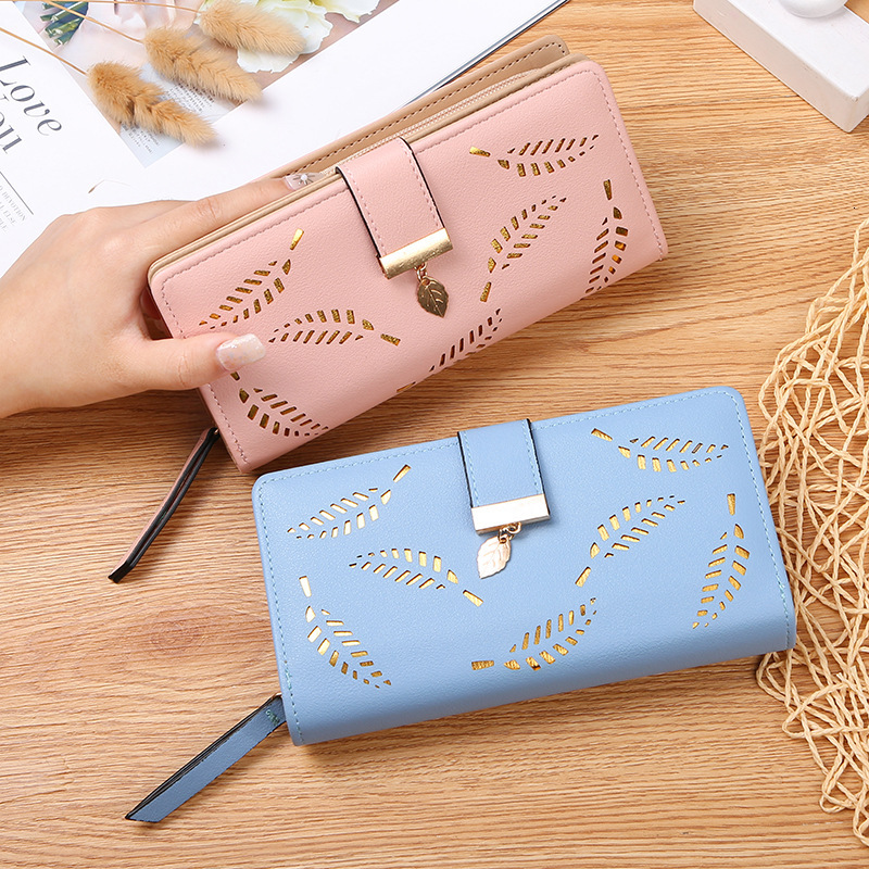 Free Shipping Designer Wallet 2025 New Women's Hollow Leaf Handbag Leather Korean Zipper Card Bag Long Phone Bag