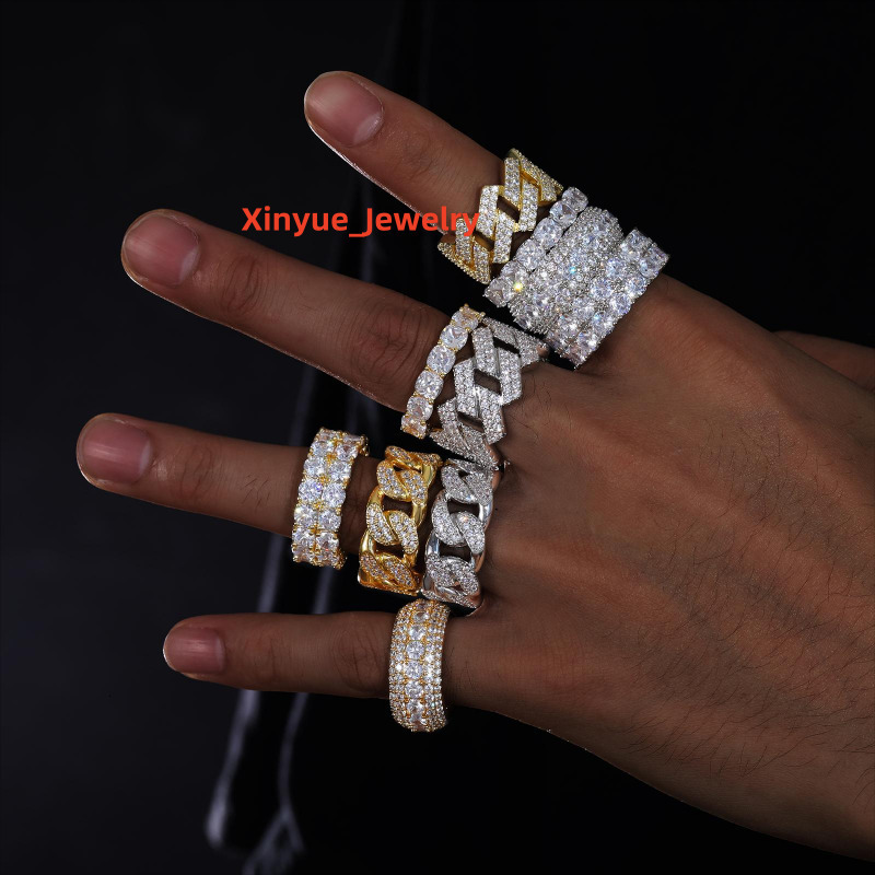 Fine Jewelry Iced Out Hip Hop Cuban Link Ring Gold Plated 925 Sterling Silver VVS Moissanite Diamond Finger Band Ring for Men