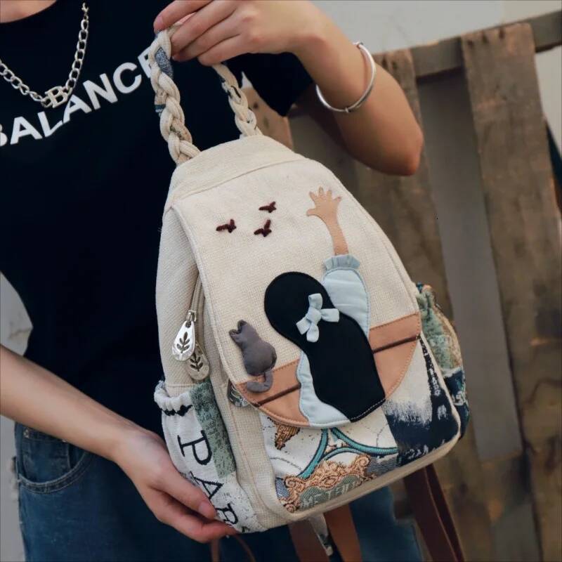 Fashion 3D National Embroidery Women High Quality Linen Female Daypack Lovely Girls Shopping Travel Backpack SAC