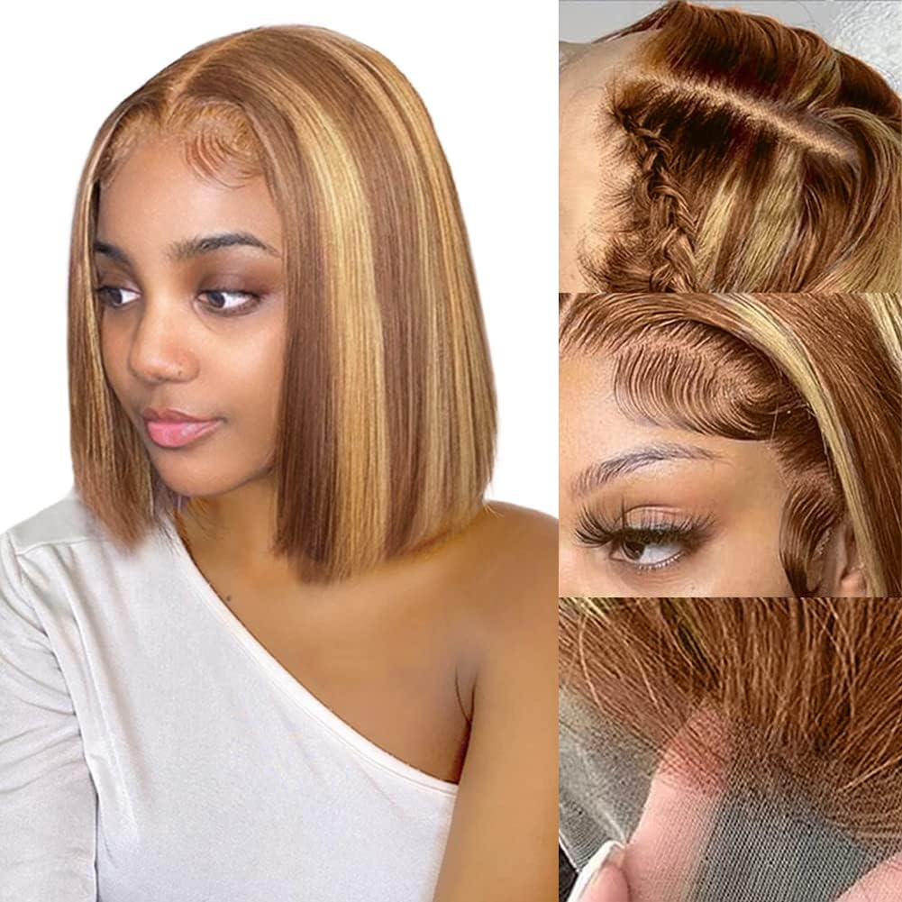 Brazilian Straight Short Bob Wig Black Simulation Human Hair 13x4 Lace Wigs Pre Plucked with Baby Hair Pre-Plucked 180% Density Lace Closure Synthetic