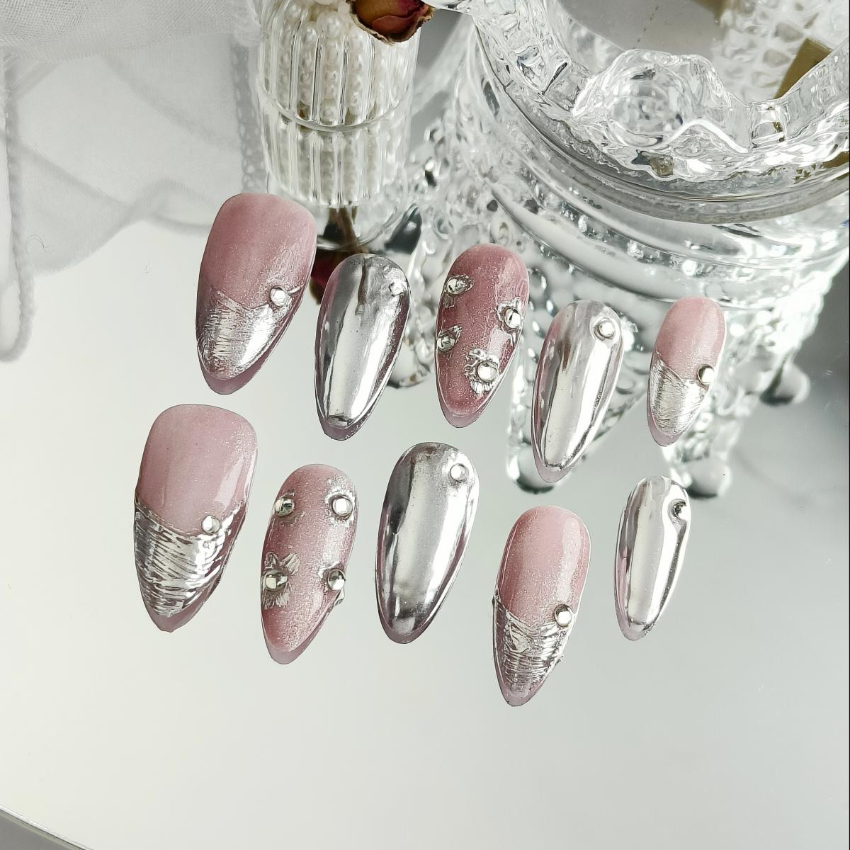 10pcs 3D Hand drawn Handmade Press-on nails Medium Almond Nails Bundle Pink Metallic Feeling Diamond Finished nail stickers Free storage box jelly glu
