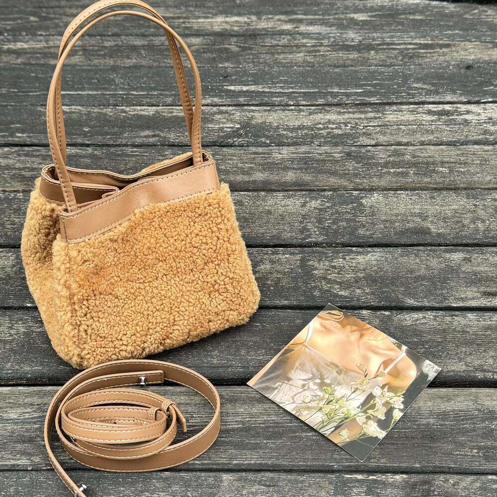 for Women New Genuine Leather Plush Niche Cute Lamb Wool Bucket Autumn Winter Fashion Handbag Shoulder Bag