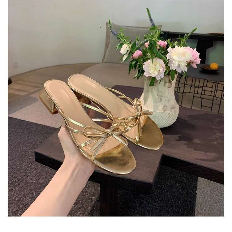 Grape Mom Studiolee~ French Sweet Bowknot Versatile Chunky Heel Open-toe Roman Sandals for Women Outdoor Wear