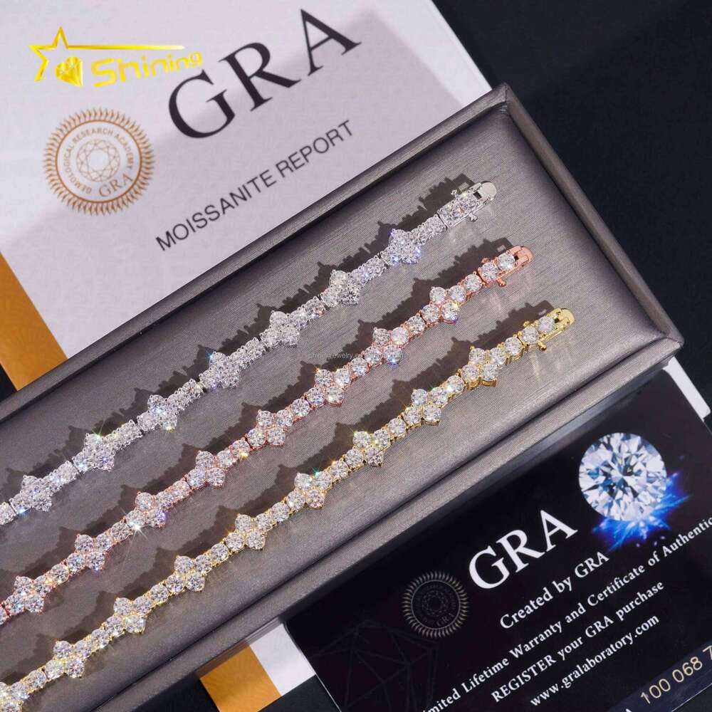 Stylish New Arrival Fashion Femme Design Sier VVS Moissanite Dia Iced Out Four Leaf Clover Cross Tennis Chain Bracelet