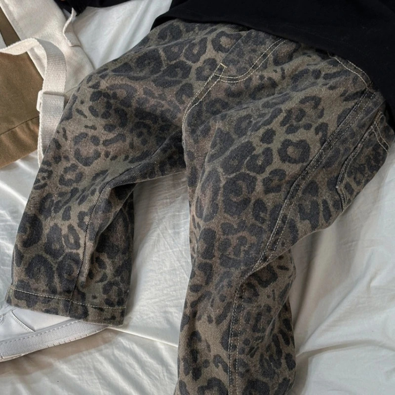 Hip Hop Casual Loose Childrens Pants Four Seasons Pure Cotton Leopard Pattern Jeans Trendy 250528