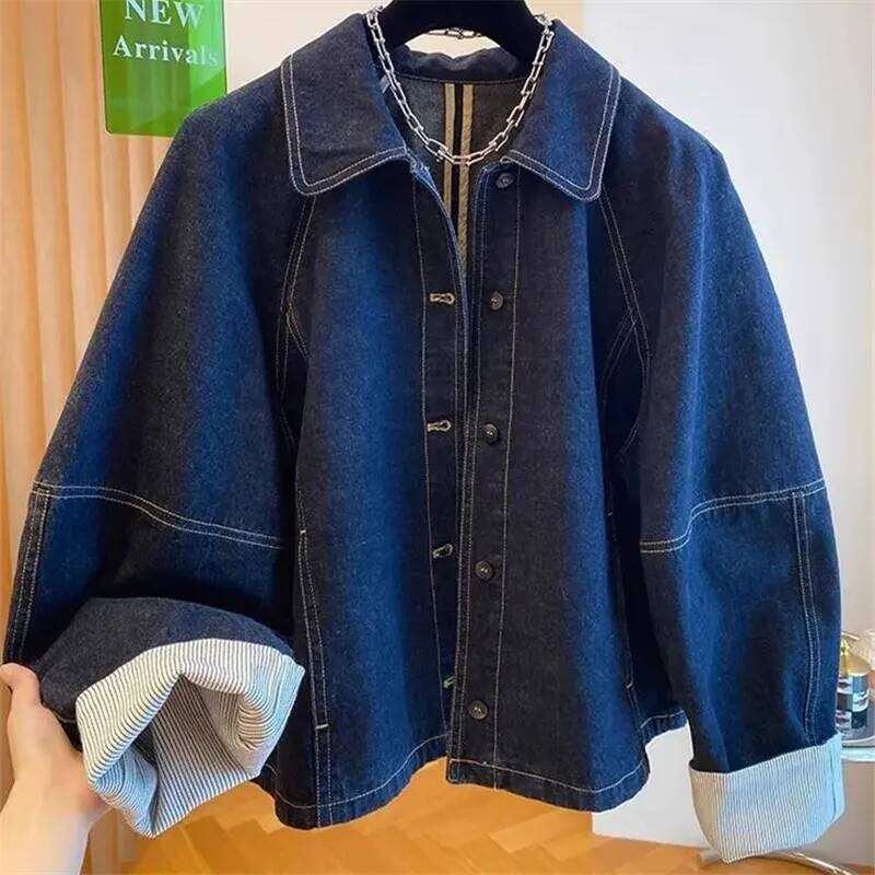 Vintage Denim Coat Women 2025 New Spring Autumn Fashion Short Jeans Jacket Female Casual Cuffs Splicing Loose Cowboy Tops T874