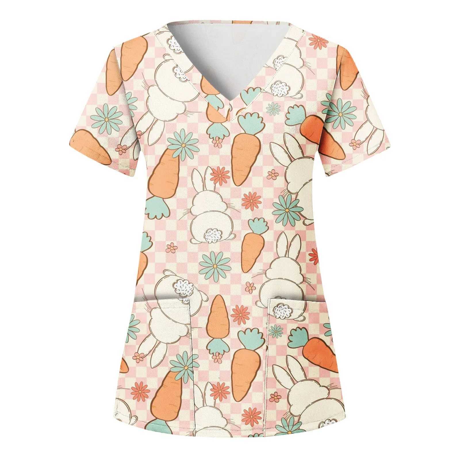 Nursing Uniform Womens Working Clothes Scrubs Top With Two Pockets Graphic Printing V-Neck Medical Short Slve Ts Blouse X250528