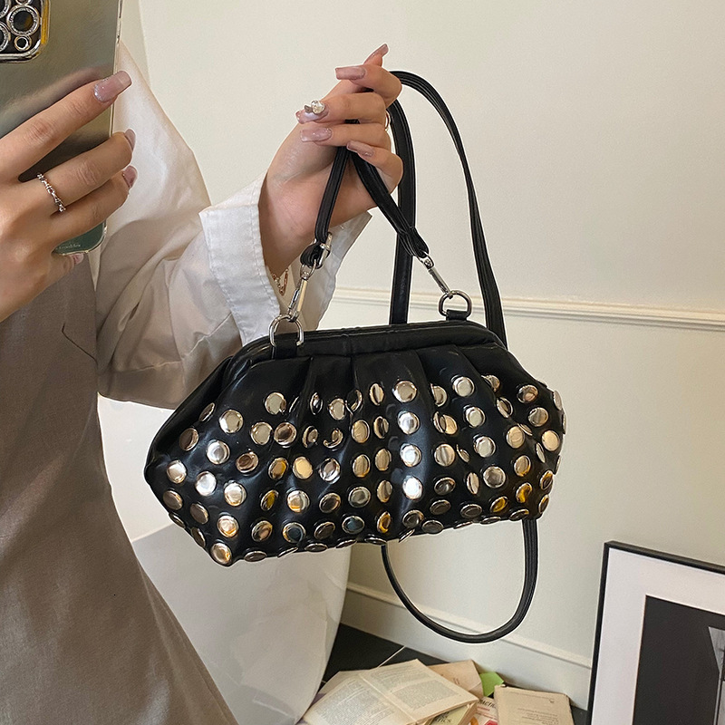 New Women's Bag New Fashionable Shoulder Commuter Underarm Bag Handbag Round Rivet Personalized Trendy Designer Wrinkled Cross Shoulder Bag Singl