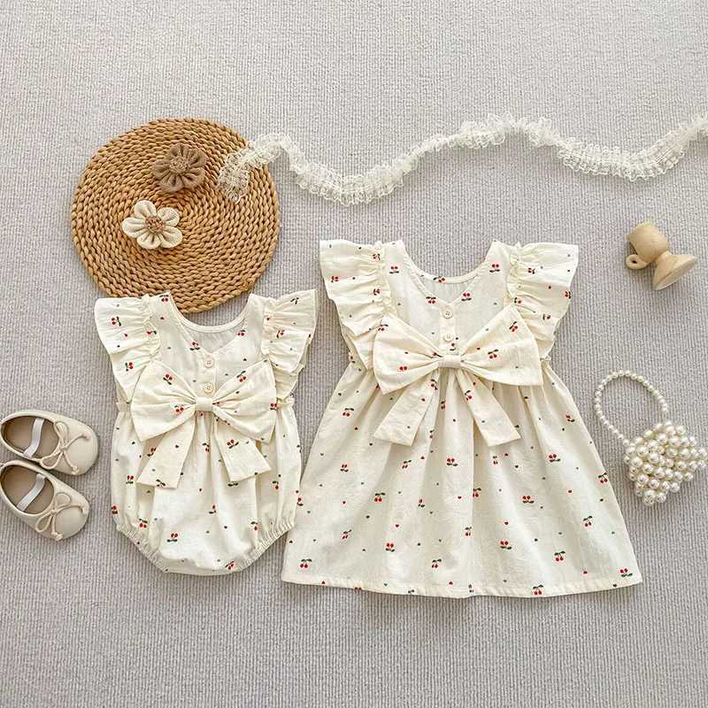Summer Kids Sisters Sleeveless Dress 2-6T Cute Love Cherry Girls Bow Dress Baby Bodysuit X250528