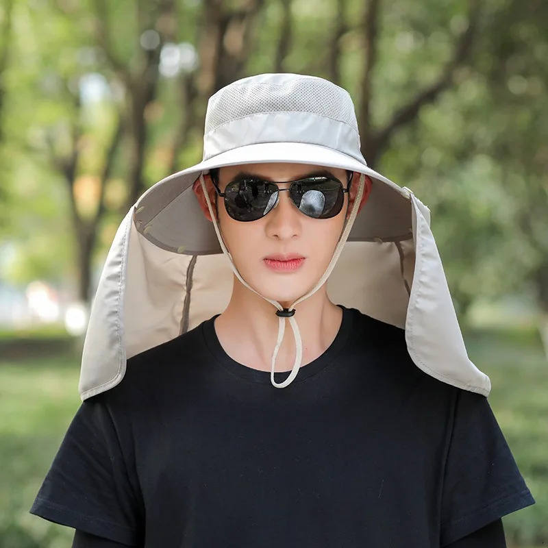 Summer Fishing Hat Neck Sun Protection Waterproof Mens Outdoor Hiking Bucket Hat Oversized Eaves Fisherman Cap Panama for Man 250523