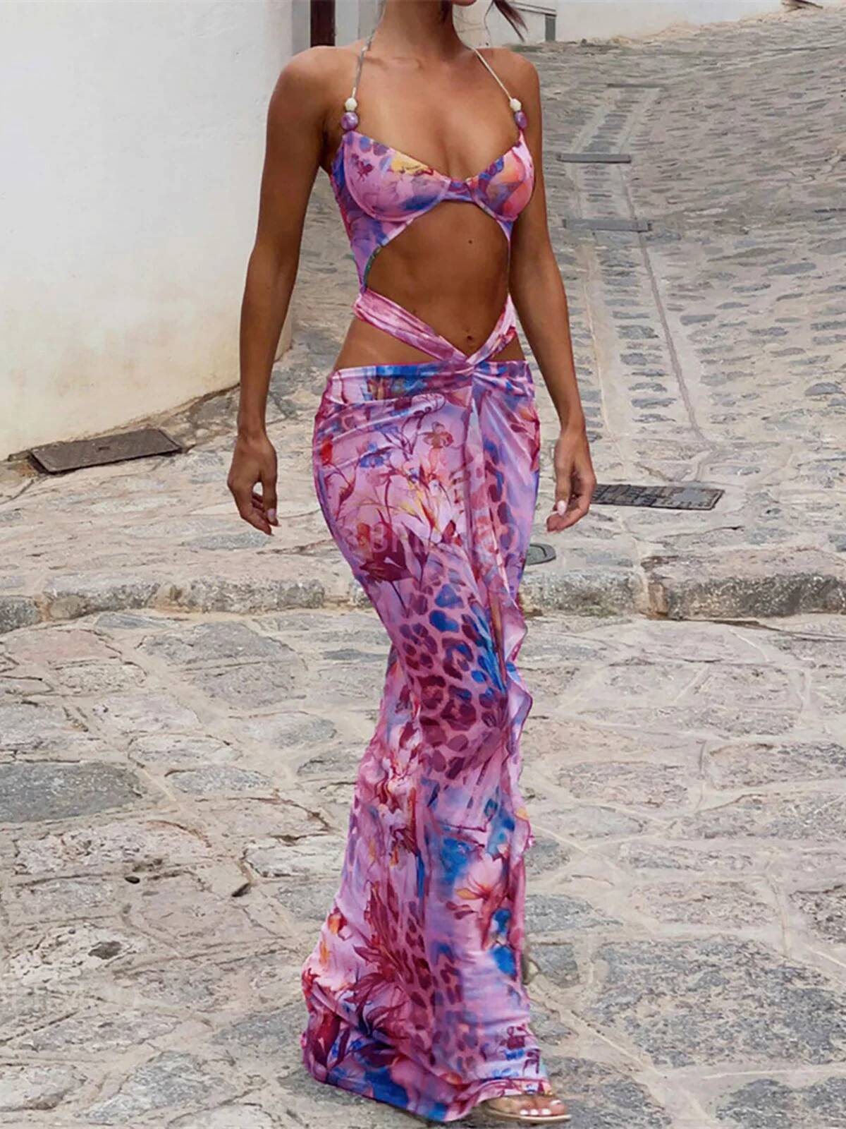 Printed With Skirt Halter Cut Out Women Swimwear One Piece Swimsuit Female Underwired Monokini Bather Bathing Suit Swim K6585