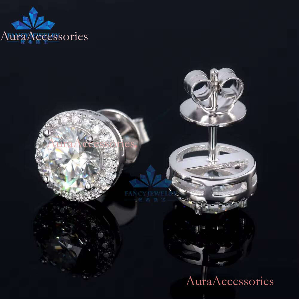 Classic Design 5mm 6.5mm 8mm Dia Def Vvs Round Moissanite Push Back Halo Stud Earrings for Women